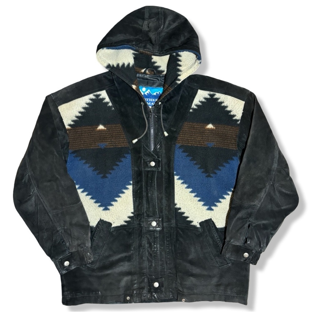Black and Blue Aztec Patterned Men's Hooded Jacket - Picture 1 of 6